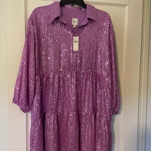 Bettina Tiered Shirt Dress by Maeve Sequin Mini Pink